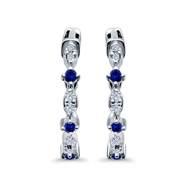 Half Eternity Huggie Hoop Earrings Round Simulated Blue Sapphire CZ 925 Sterling Silver (14mm)